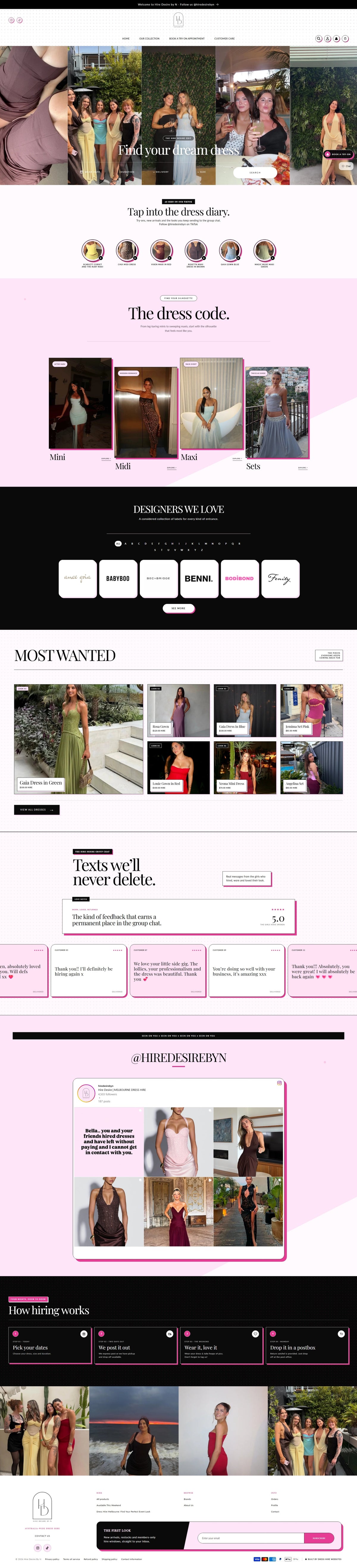 Hire Desire Shopify dress hire website landing page