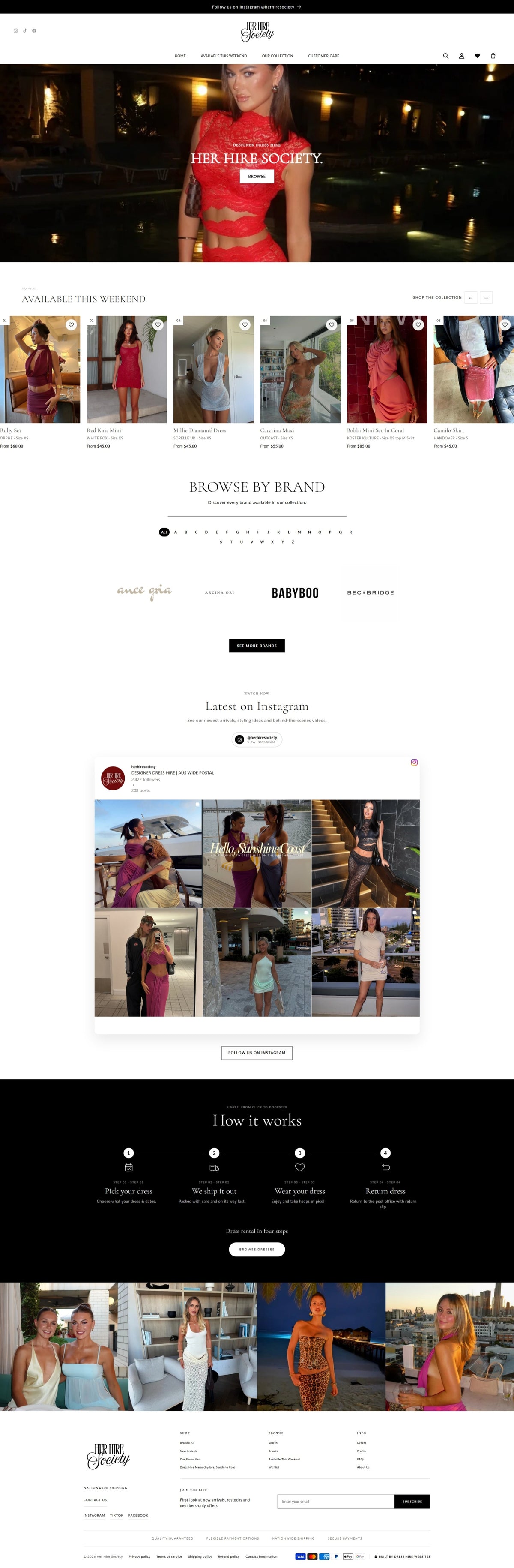 Her Hire Society Shopify dress hire website landing page
