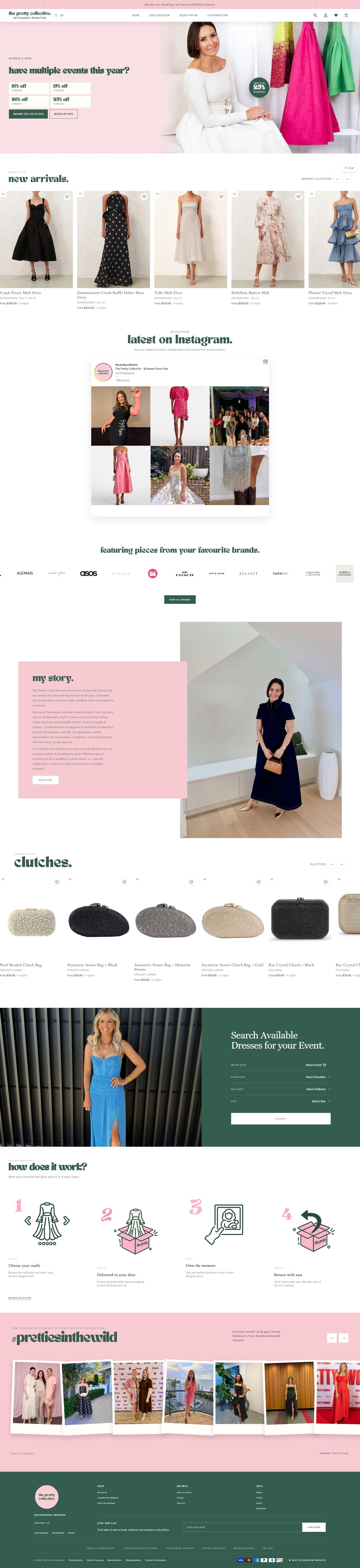 The Pretty Collective Shopify dress hire website landing page