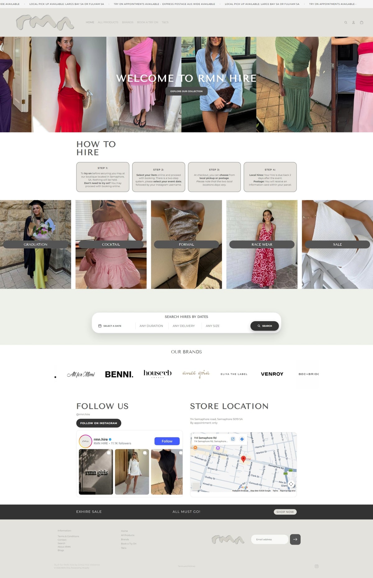 RMN Hire Shopify dress hire website landing page