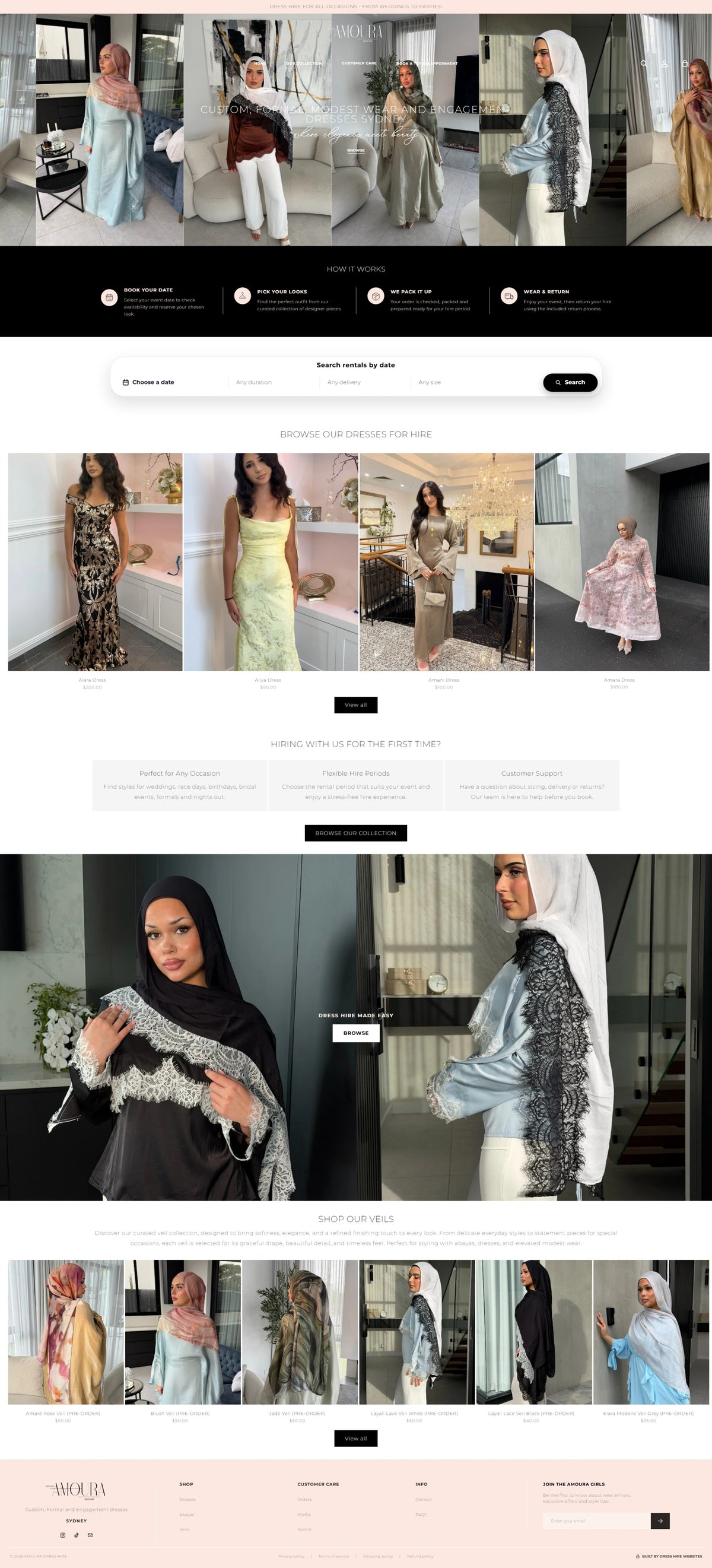 Amoura Dress Hire Shopify website landing page