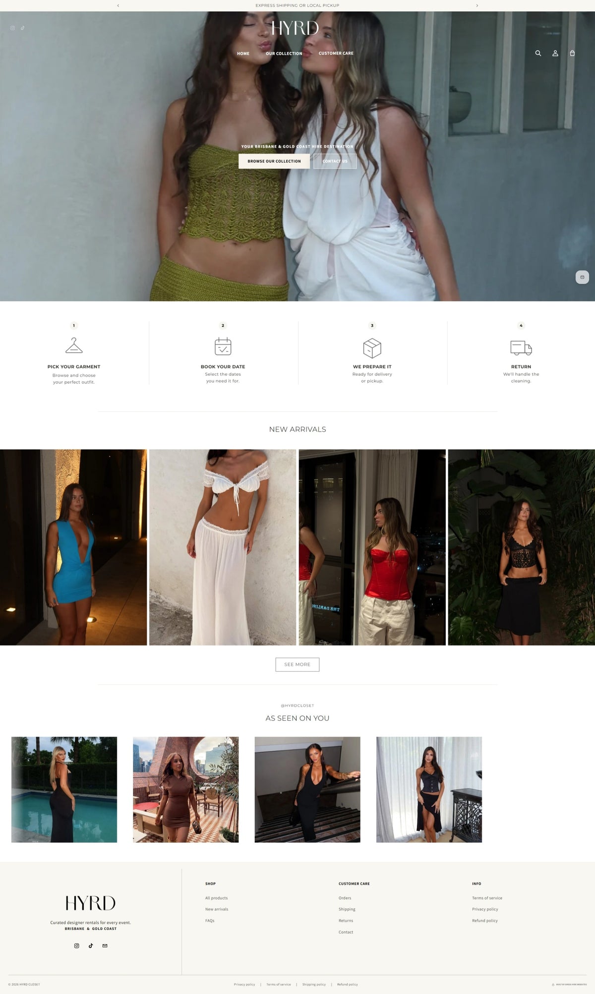 HYRD Closet Shopify dress hire website landing page