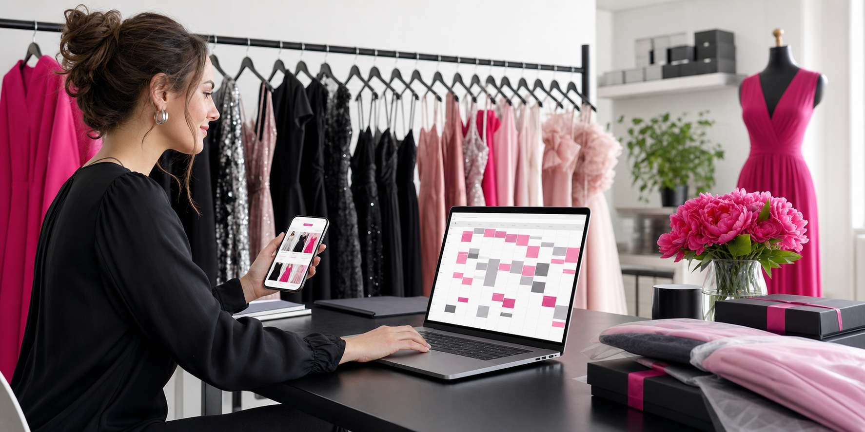 Dress hire business owner managing online rental bookings